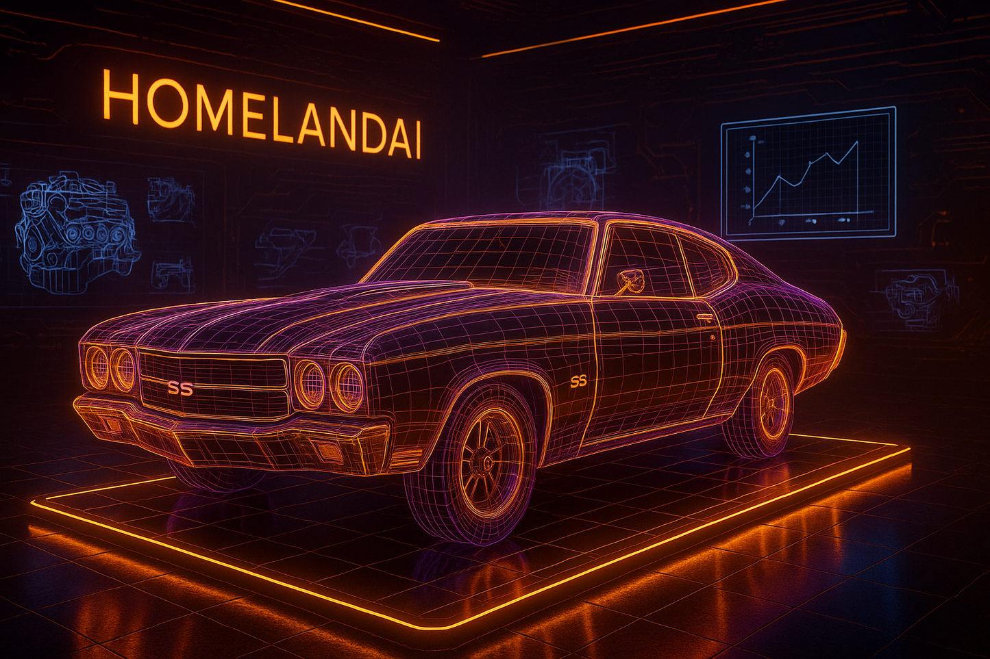 3D wireframe render of a classic muscle car glowing in orange neon light inside the HomelandAI lab with holographic schematics on the wall.