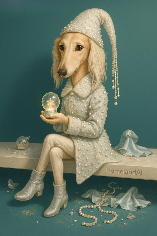 Elegant Saluki dog in a pearl-covered winter coat and hat, seated on a bench while holding a glowing snow globe. Broken ornaments and pearl strands lie on the ground. Teal background. HomelandAI branding subtly visible.