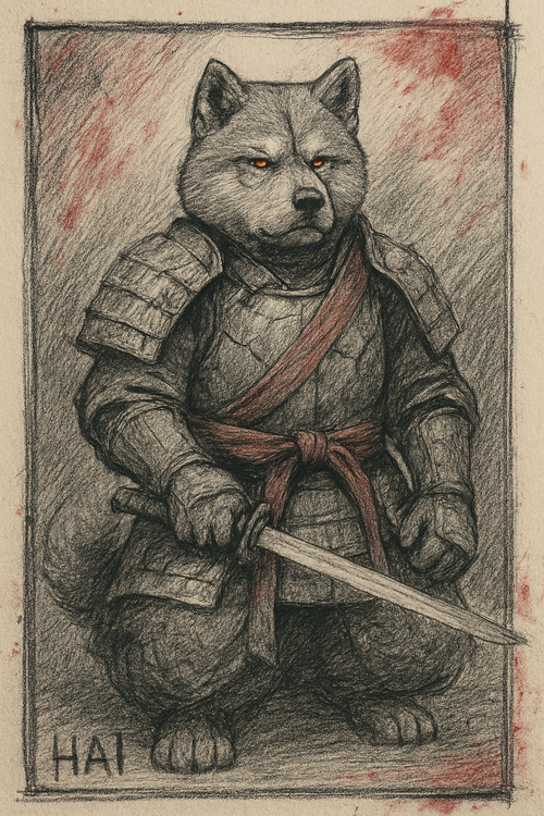 A stoic Akita dog in cracked samurai armor stands ready with a sword, red smudges highlighting battle intensity.