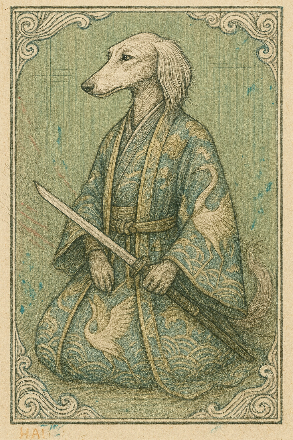 A Saluki dog dressed in ornate blue kimono armor with golden crane patterns holds a sword gracefully.
