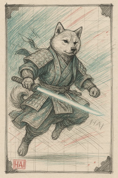 A Shiba Inu dressed as a samurai leaps forward with a glowing sword in hand, depicted in sketch-like motion.