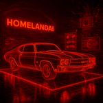 Red neon wireframe car with 'HOMELANDAI' sign in the background