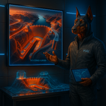 Person in a dark room interacting with holographic energy diagrams on a screen.