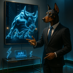 Dog in a suit pointing at a neon bull sign in an office setting