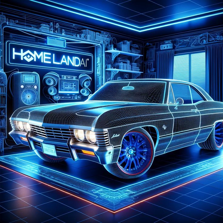 Neon blue 3D wireframe render of a classic Chevy Impala displayed in a futuristic HomelandAI garage with glowing lights and digital schematics on the walls
