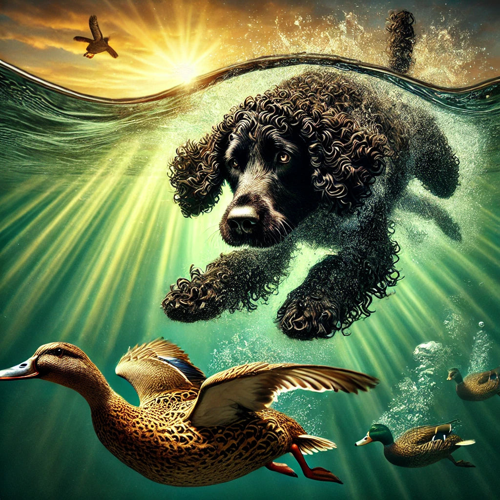 A digital artwork depicting a Curly-Coated Retriever diving underwater with ducks in the foreground and sunset rays illuminating the scene.