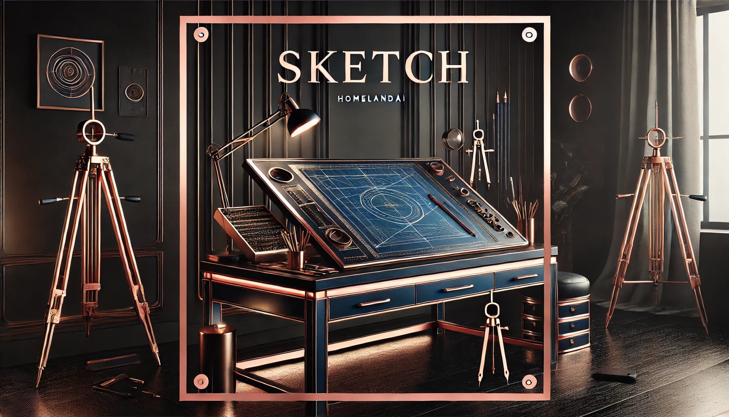 A digital artwork depicting a luxurious drafting studio with rose-gold-accented tools and a deep blue and black drafting table with a blueprint.