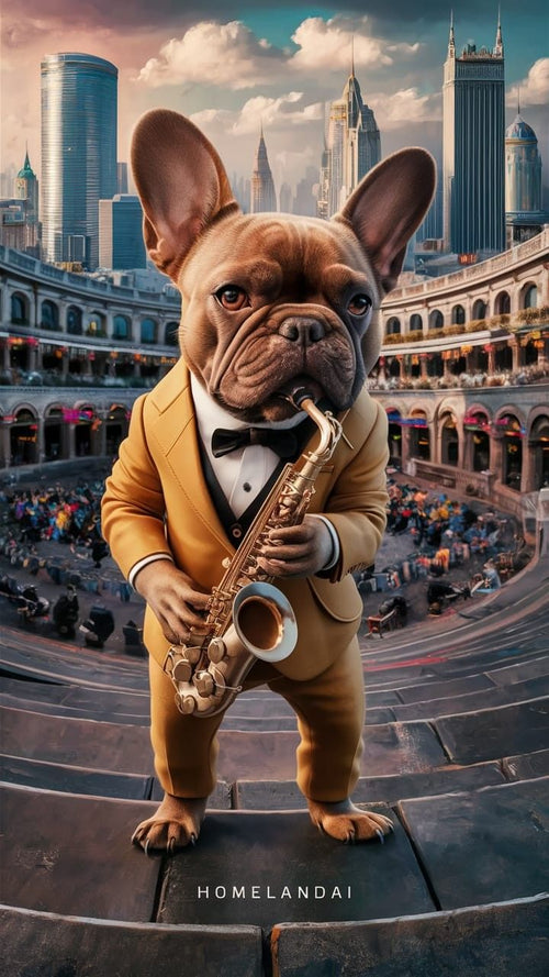 A French Bulldog wearing a mustard-colored tuxedo plays a saxophone in a grand city plaza with skyscrapers in the background.