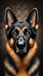 Close-up of a German Shepherd dog with a detailed background