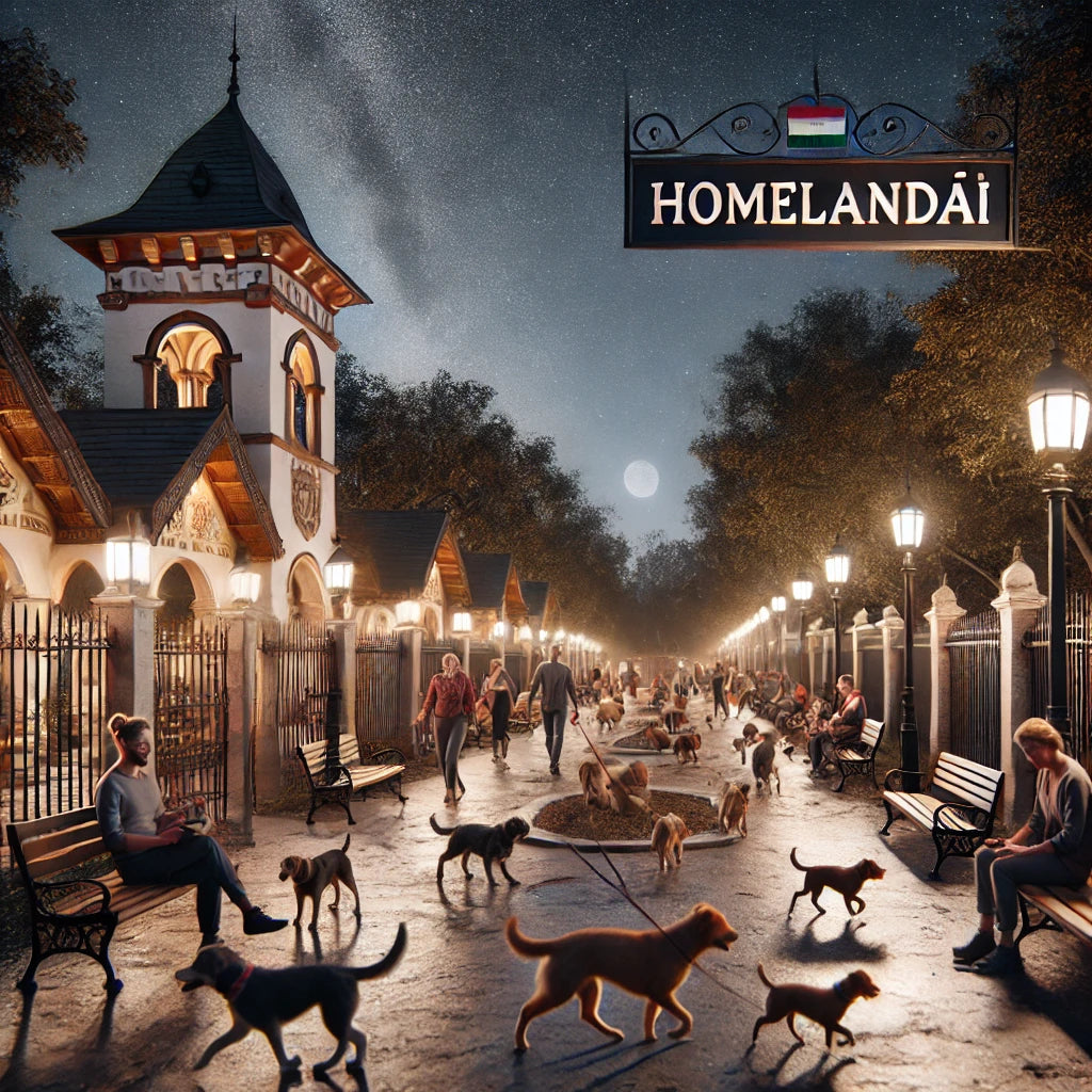 Nighttime European dog park scene in Hungary with lantern-lit walkways, historic buildings, people walking dogs, and a starry sky.