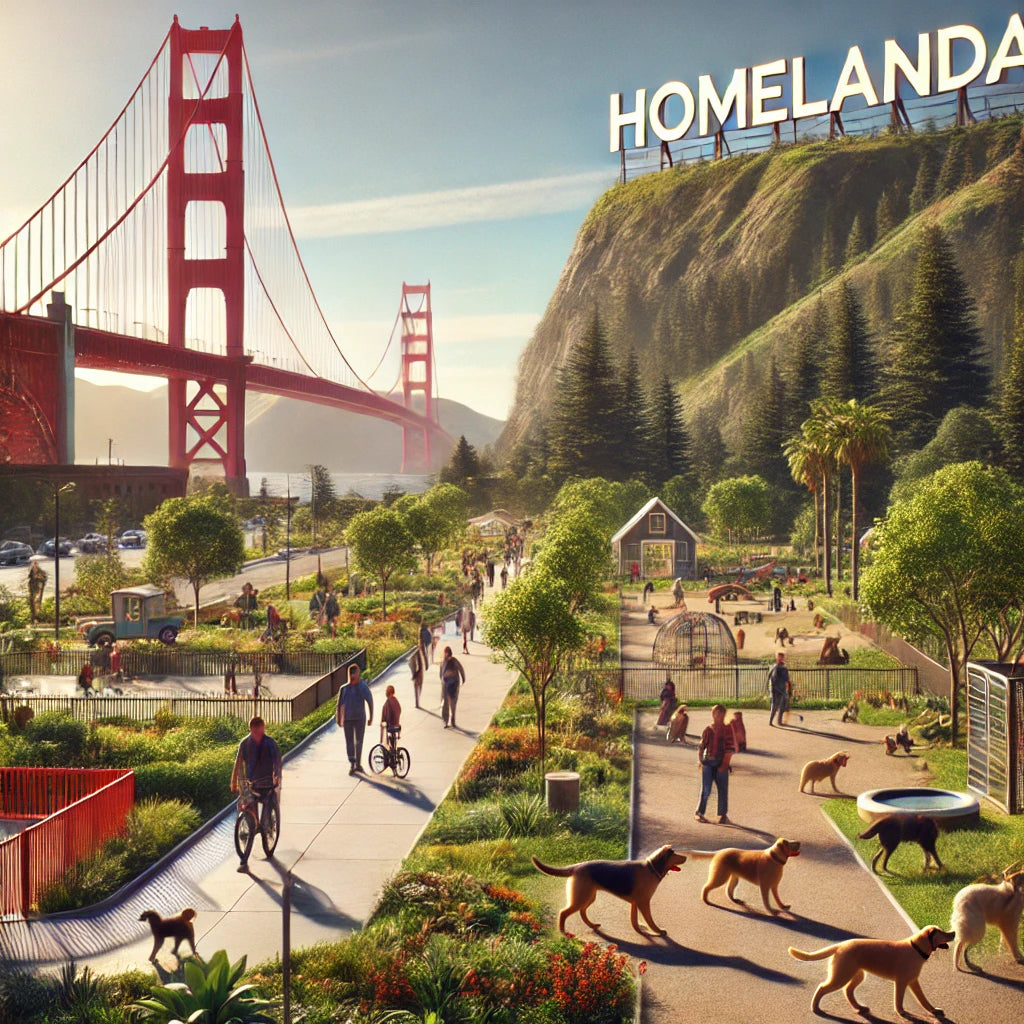 San Francisco dog park scene with dogs, people, gardens, and the Golden Gate Bridge, with a HomelandAI sign on the hillside.