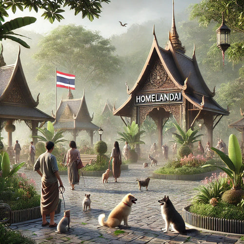 Tropical Thai temple-style dog park with families walking dogs in lush greenery.