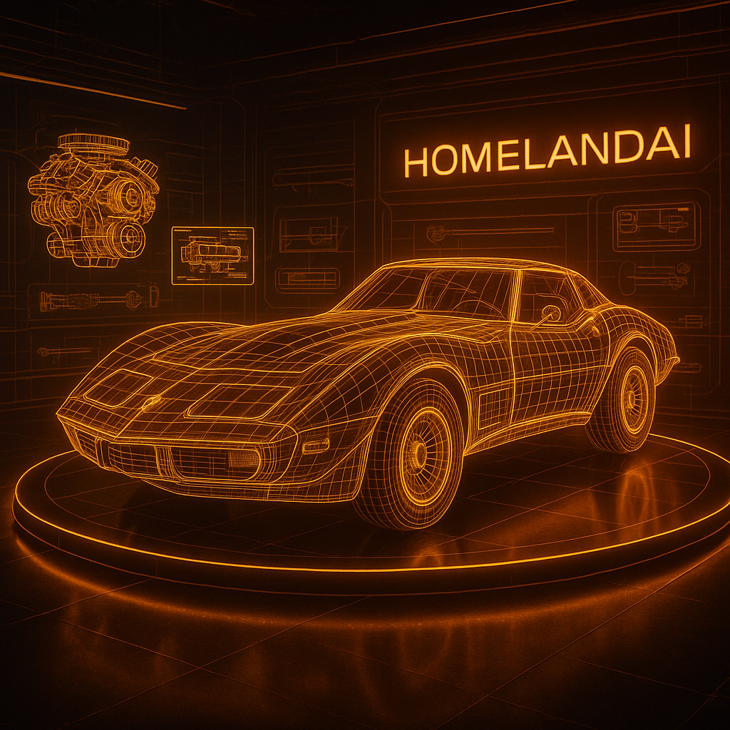 Orange neon wireframe 1977 Corvette L82 displayed on a glowing platform inside a futuristic engineering lab