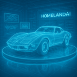Blue wireframe render of a 1977 Corvette L82 in a digital HomelandAI laboratory with glowing grid floor.