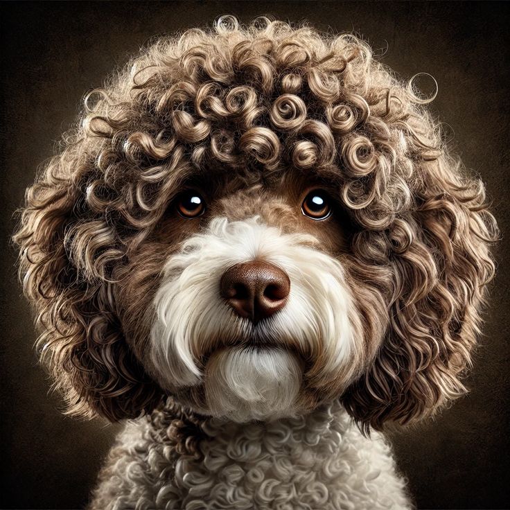 Ultra-detailed portrait of a Lagotto Romagnolo with tight curly fur and expressive brown eyes on a dark textured background.