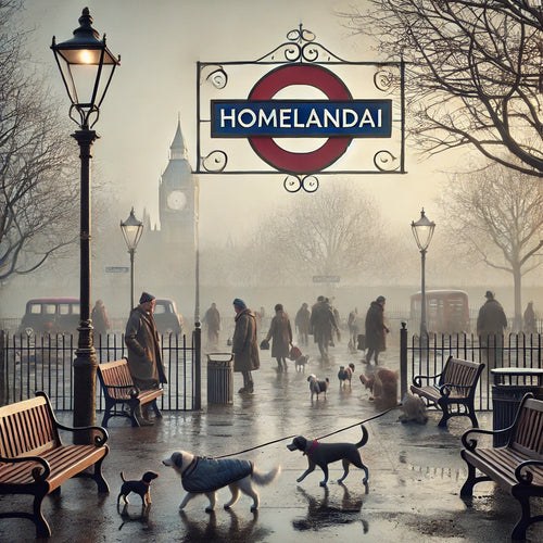 Foggy London dog park scene with Big Ben in the background and people walking dogs