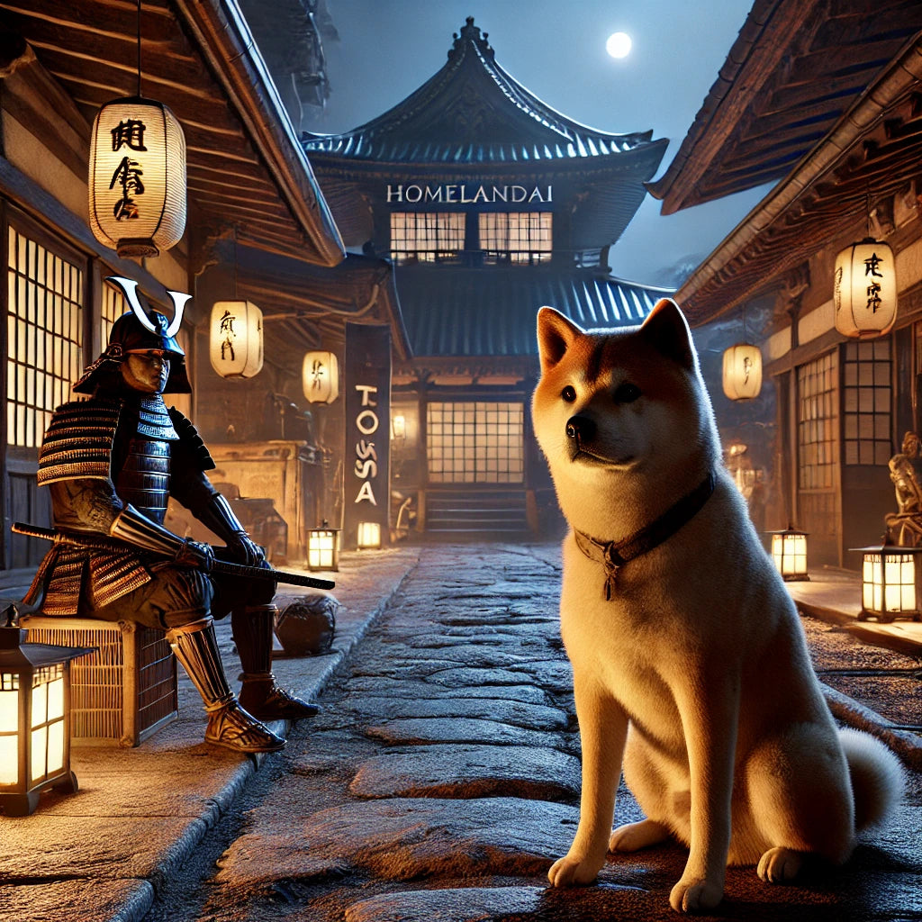 A digital artwork showing a Tosa Inu dog sitting beside a person in samurai armor in a traditional Japanese courtyard at night.
