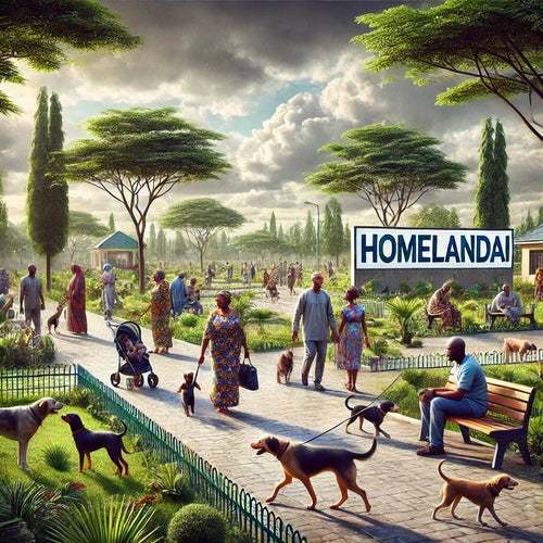 Vibrant Nigerian dog park scene with families walking dogs, lush greenery, and a HomelandAI sign in the background.