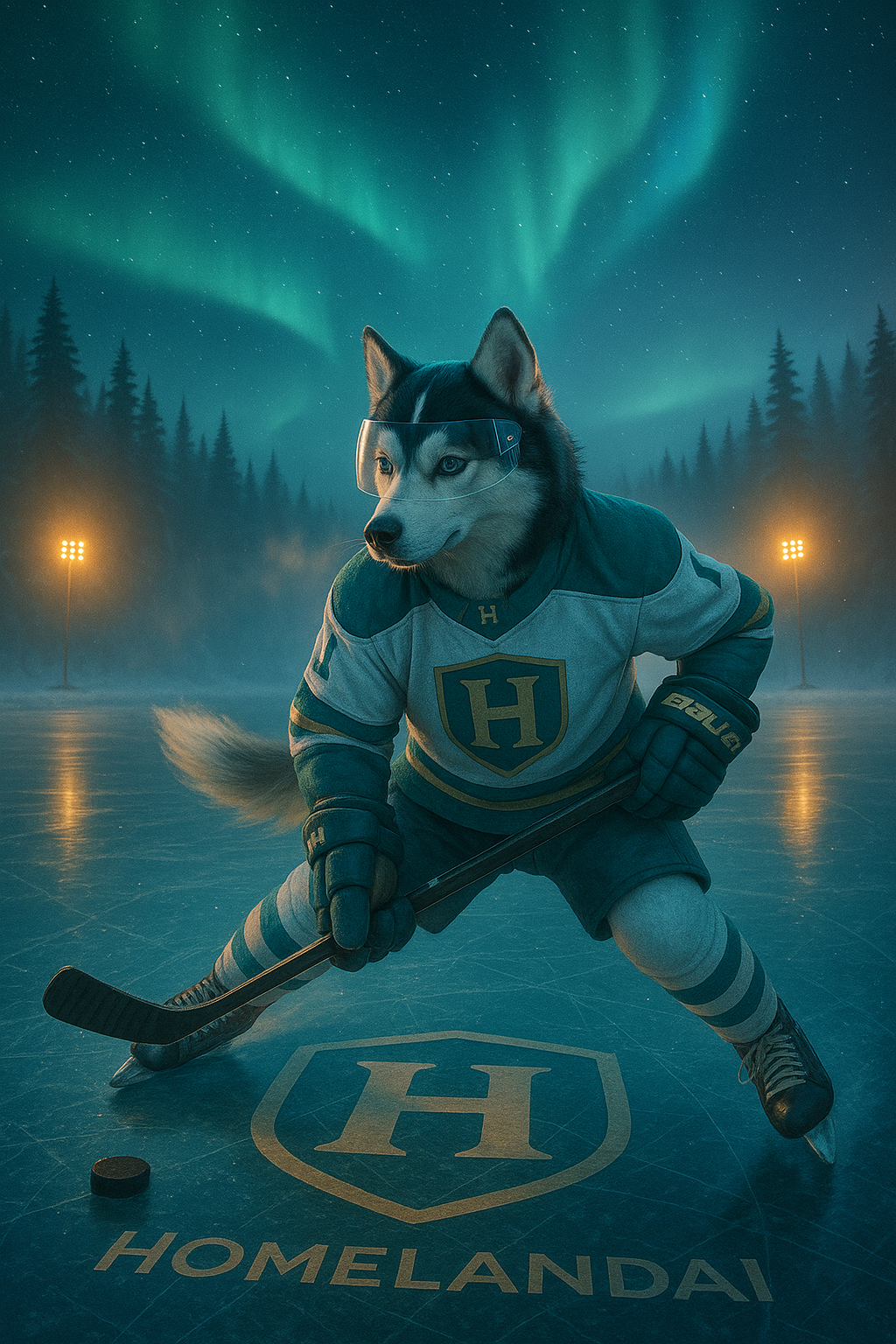 A husky dog in a HomelandAI hockey uniform crouched defensively on ice beneath northern lights.