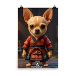 HomelandAI wall art featuring a Chihuahua dressed as a samurai warrior in traditional red armor, standing confidently in a cinematic studio setting
