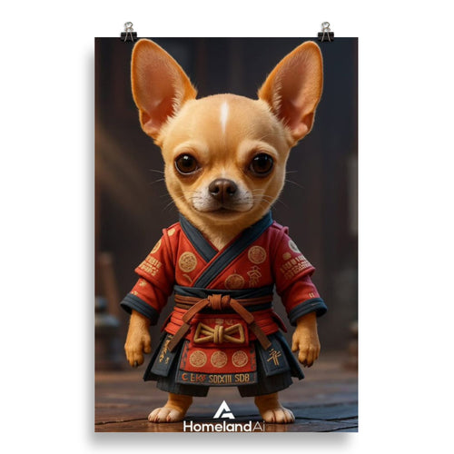 HomelandAI wall art featuring a Chihuahua dressed as a samurai warrior in traditional red armor, standing confidently in a cinematic studio setting