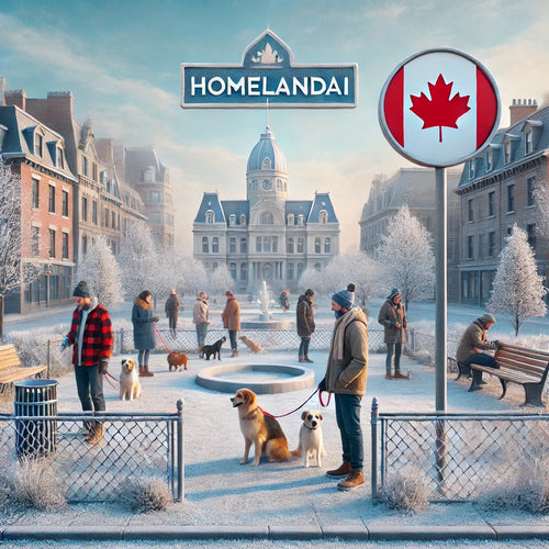A digital illustration of a winter dog park in Montreal with frosted trees, people walking their dogs, and a sign reading 'HomelandAI' with a Canadian maple leaf.