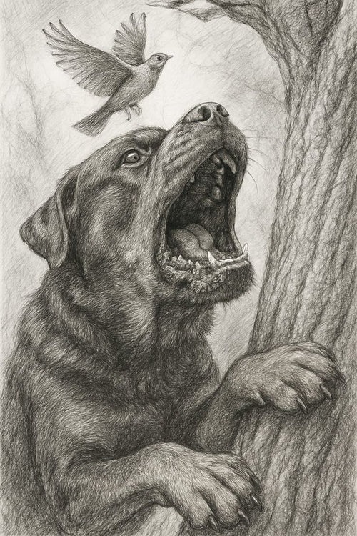 A detailed pencil drawing of a dog barking up a tree while a bird flies away above it, symbolizing energy and motion