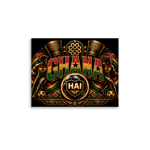 A dramatic Ghana football crest with large gold GHANA lettering, two footballers, Asante-inspired patterns, ceremonial drums, red-gold-green flag colors, and a glowing HAI soccer ball.