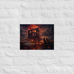 A dystopian industrial wasteland featuring a giant glowing cassette monolith surrounded by ruined factories and smoke, two dogs watching beneath a red moon marked with the HAI symbol.