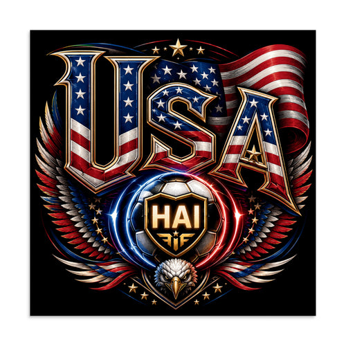 A dramatic USA-themed football crest with large 3D USA lettering filled with stars and stripes, eagle wings, American flag colors, and a glowing HAI soccer ball on a black background.