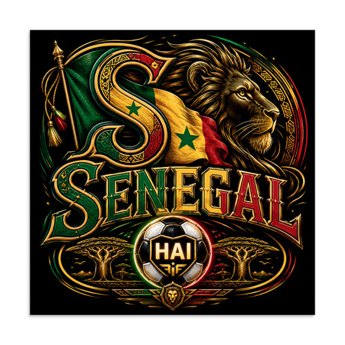 A dramatic Senegal football crest with large gold SENEGAL lettering, lion imagery, green-yellow-red flag colors, African decorative patterns, and a glowing HAI soccer ball on a black background.