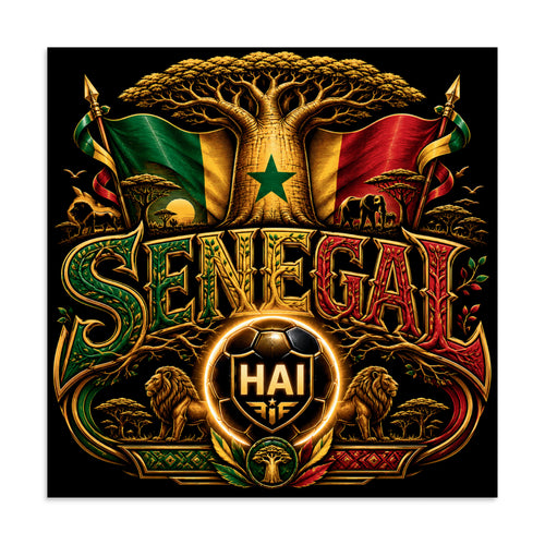 A Senegal-themed football crest with bold 3D SENEGAL lettering, baobab tree branches, green-yellow-red flag accents, savanna details, ornate gold trim, and a glowing HAI soccer ball.