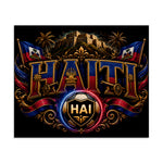 A dramatic Haiti-themed football crest with large gold HAITI lettering, Haitian flags, Citadelle Laferrière, palm trees, cannon details, and a glowing HAI soccer ball on a black background.