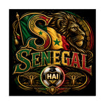 A dramatic Senegal football crest with large gold SENEGAL lettering, lion imagery, green-yellow-red flag colors, African decorative patterns, and a glowing HAI soccer ball on a black background.