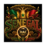 A Senegal-themed football crest with bold 3D SENEGAL lettering, baobab tree branches, green-yellow-red flag accents, savanna details, ornate gold trim, and a glowing HAI soccer ball.