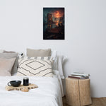 A flooded post-apocalyptic city with giant cassette monuments rising from the water while two dogs sit on rubble watching under a dramatic orange moon.