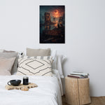 A flooded post-apocalyptic city with giant cassette monuments rising from the water while two dogs sit on rubble watching under a dramatic orange moon.