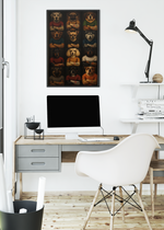 AI-generated framed poster featuring 12 anthropomorphic dog breeds including Dalmatian, Pug, Husky, Rottweiler, and German Shepherd wearing t-shirts with I Love HAI tattoos — HomelandAI art print