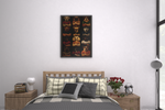 AI-generated framed poster featuring 12 anthropomorphic dog breeds including Dalmatian, Pug, Husky, Rottweiler, and German Shepherd wearing t-shirts with I Love HAI tattoos — HomelandAI art print