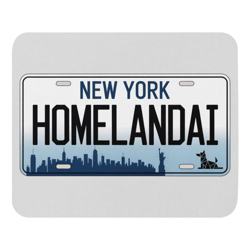 Novelty license plate with 'New York Homelandai' text and city skyline design.