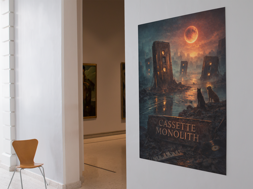 Poster of 'Cassette Monolith' on a wall in an art gallery.