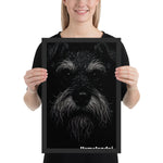 Close-up dark portrait of a Schnauzer dog with rain droplets on its fur, illuminated in dramatic lighting against a black background with HomelandAI branding.