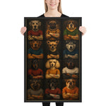 AI-generated framed poster featuring 12 anthropomorphic dog breeds including Dalmatian, Pug, Husky, Rottweiler, and German Shepherd wearing t-shirts with I Love HAI tattoos — HomelandAI art print
