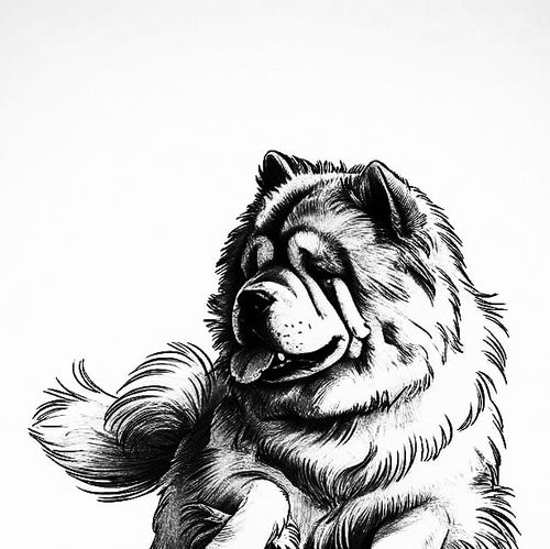 An ink drawing of a fluffy dog sitting calmly with a content expression and curled tail.