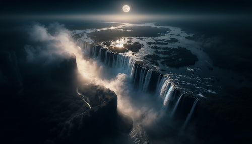 AI-generated aerial view of a massive waterfall system under a full moon at night with mist rising and moonlight reflecting on the water — HomelandAI landscape art print