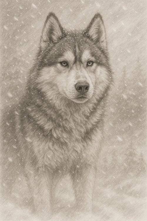 Pencil sketch of a Siberian Husky standing in a snowstorm with detailed fur and soft winter background.