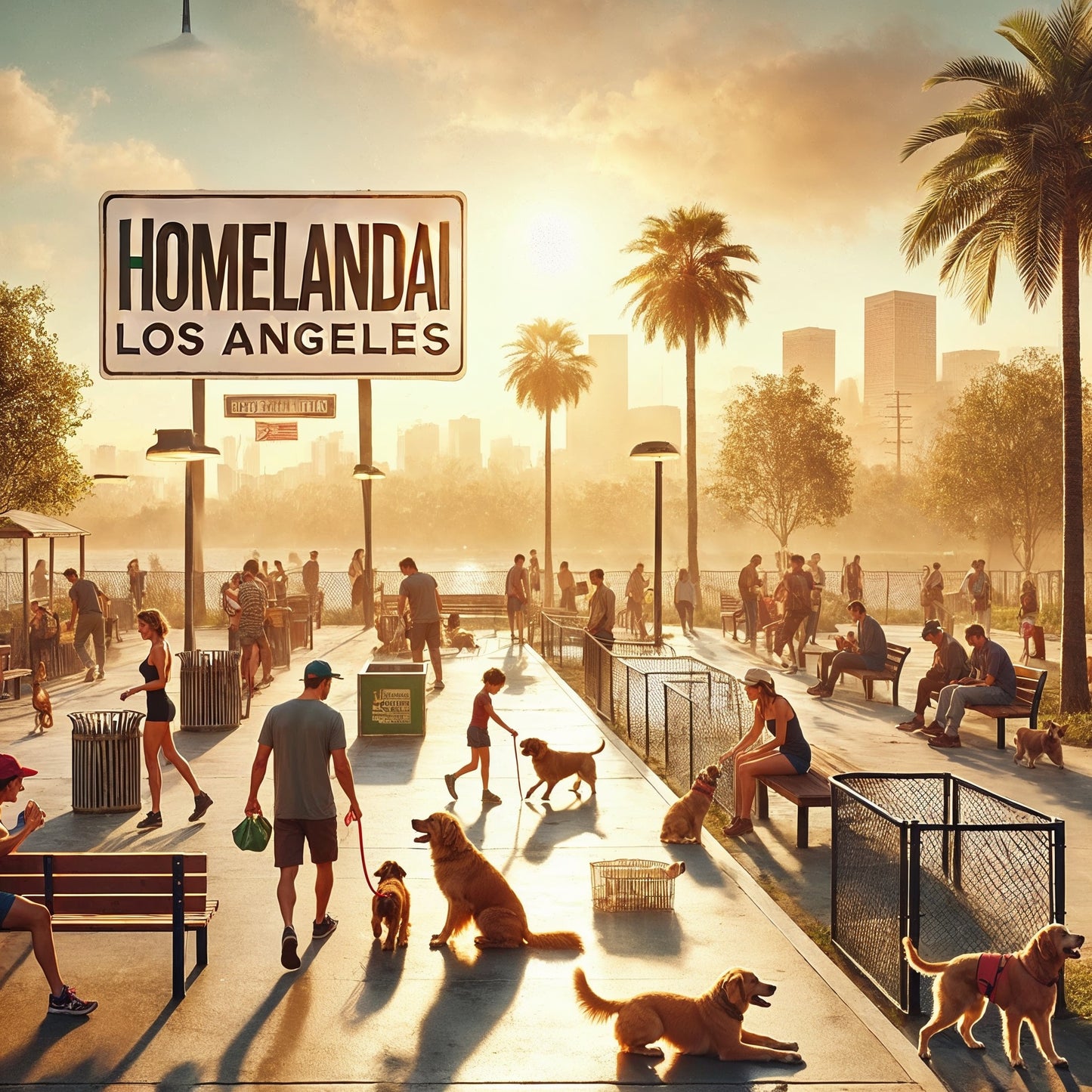 A digital artwork depicting a vibrant dog park scene in Los Angeles with palm trees, people, dogs, and a city skyline in the background.