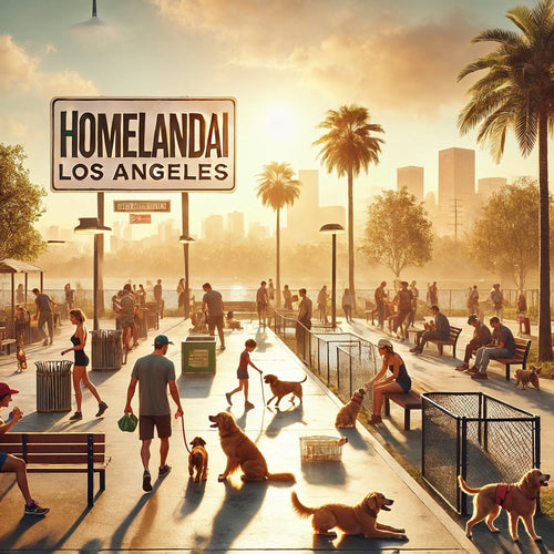 A digital artwork depicting a vibrant dog park scene in Los Angeles with palm trees, people, dogs, and a city skyline in the background.