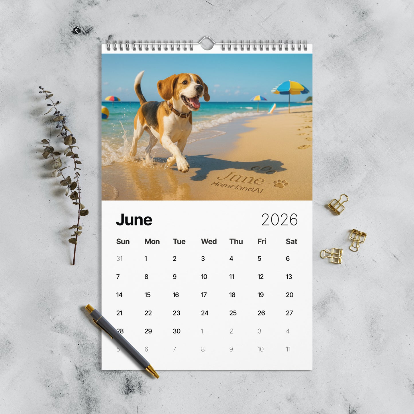 Calendar for June 2026 with a dog on a beach, placed on a marble surface.