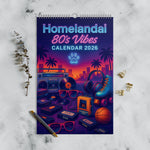 Calendar cover for 2026 with '80s-themed design on a marble surface.